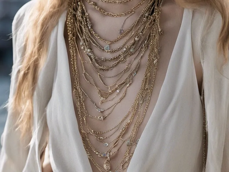A woman with long blonde hair wearing gold necklaces.