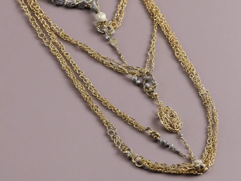 A stunning three-strand gold necklace embellished with delicate pearls and shimmering crystals, perfect for accentuating low-cut tops.