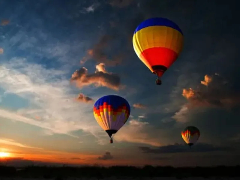 Hot air balloons flying in the sky at sunset