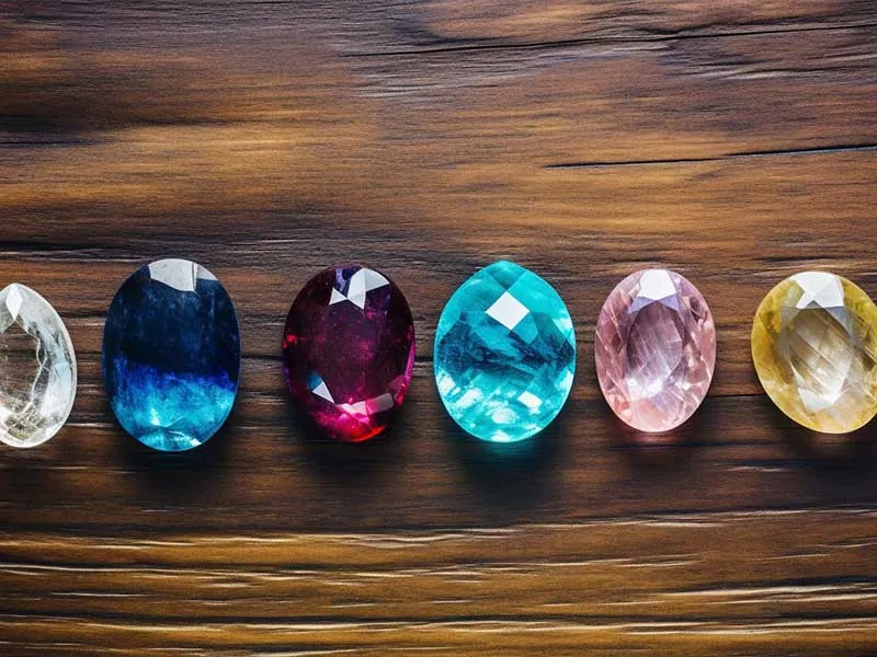 A row of colored gemstones on a wooden table.