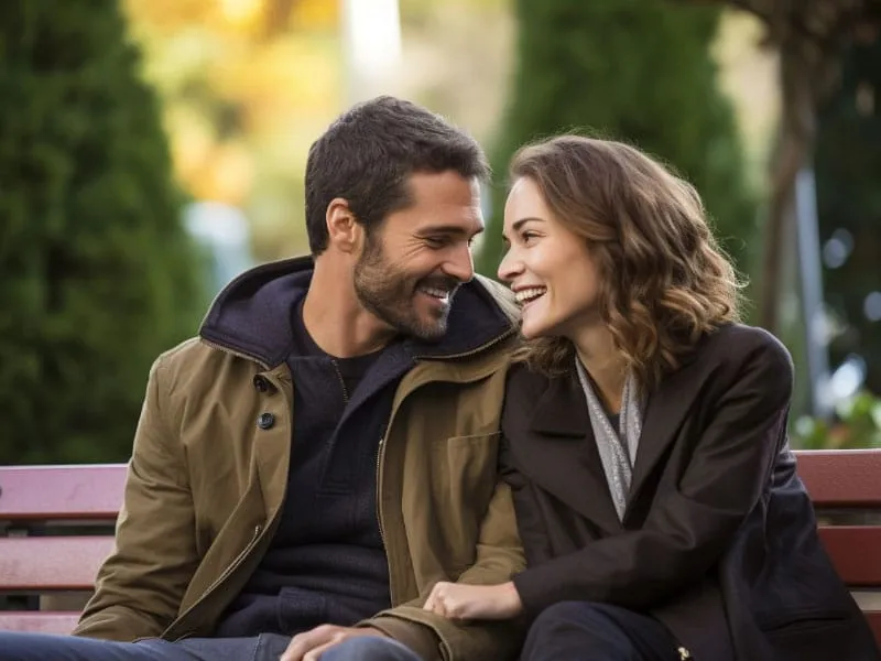 A man and woman are sitting on a bench in a park talking about the Key Adjustments in Marriage.