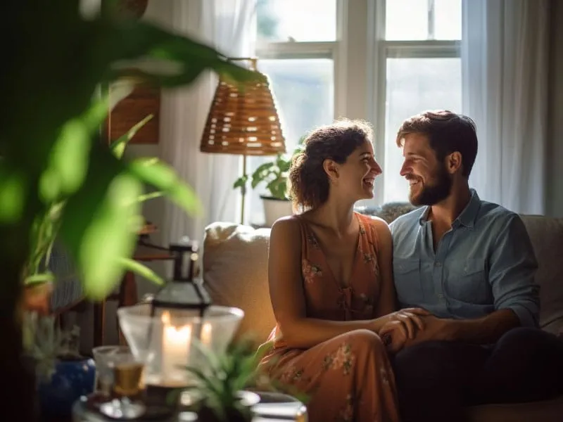 A couple sitting on a couch in front of a window Transitioning from Single to Married Life.