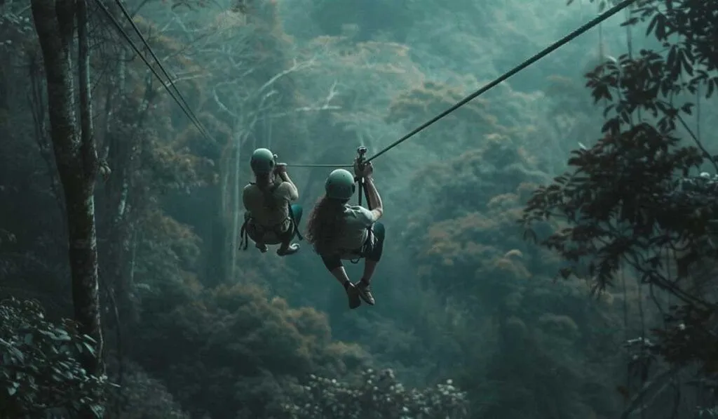 Two people zip-lining over a lush forest canopy, wearing helmets and secured with safety harnesses.