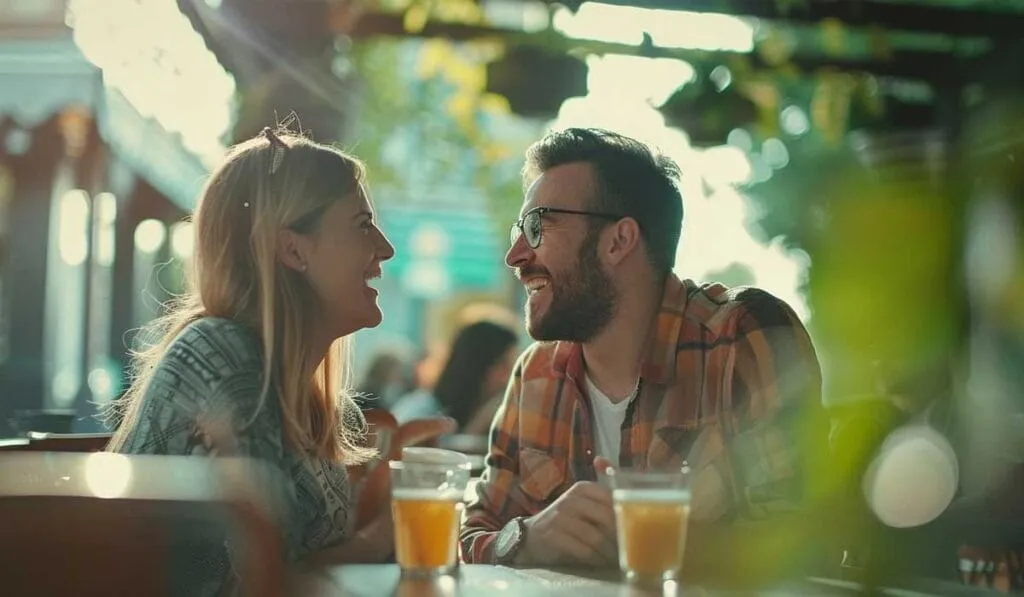 Two people smiling and enjoying a conversation over drinks at a café.