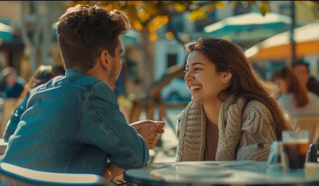 Two people enjoying a conversation at an outdoor café.