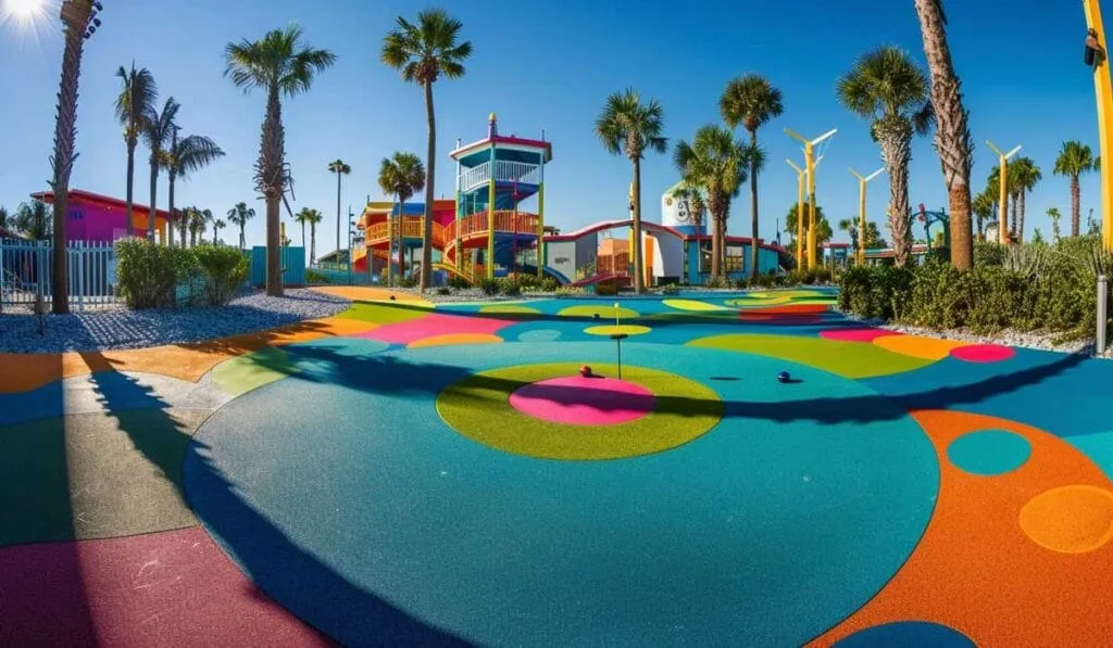 A colorful playground with vibrant floor patterns, surrounded by palm trees under a clear blue sky.