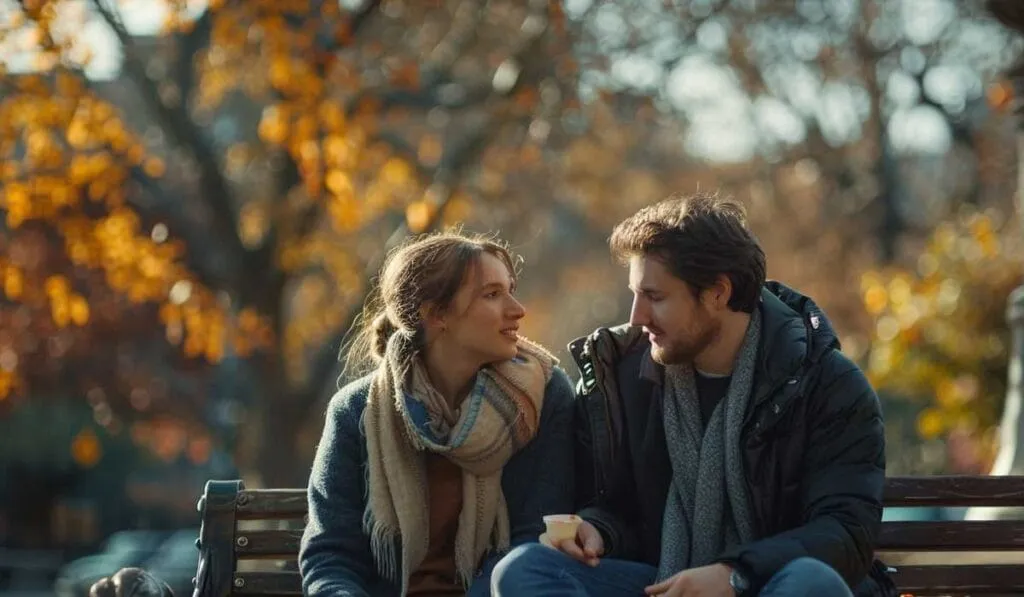 A couple sitting on a park bench in autumn, sharing a conversation and a warm drink.