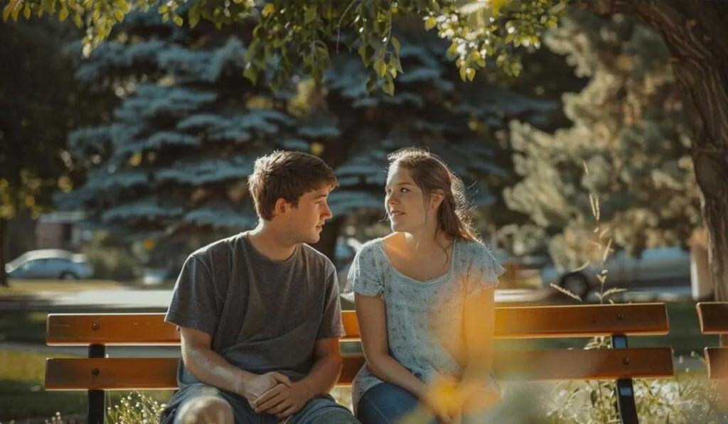 Two individuals sitting on a park bench engaged in a conversation.