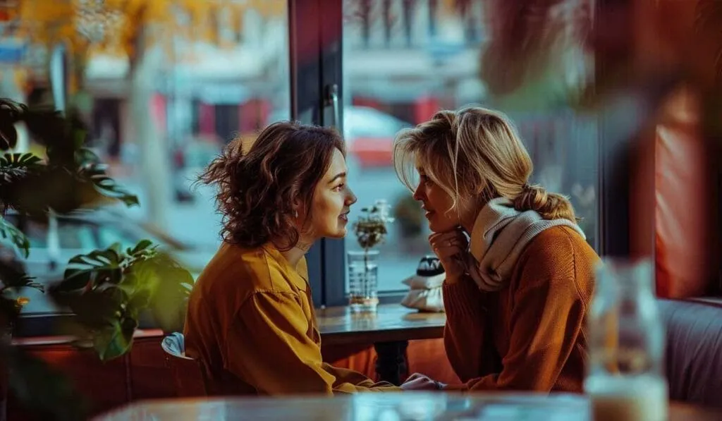 Two women engaged in conversation at a cafe table by a window, with one listening intently to the other.