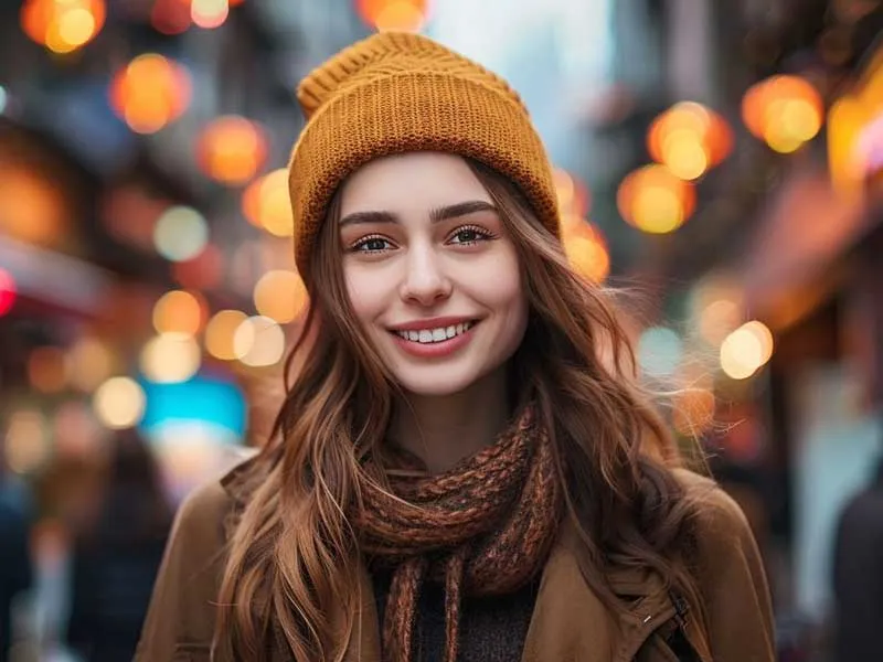 Young woman wearing a yellow beanie and brown scarf smiling on a city street with blurred lights in the background.