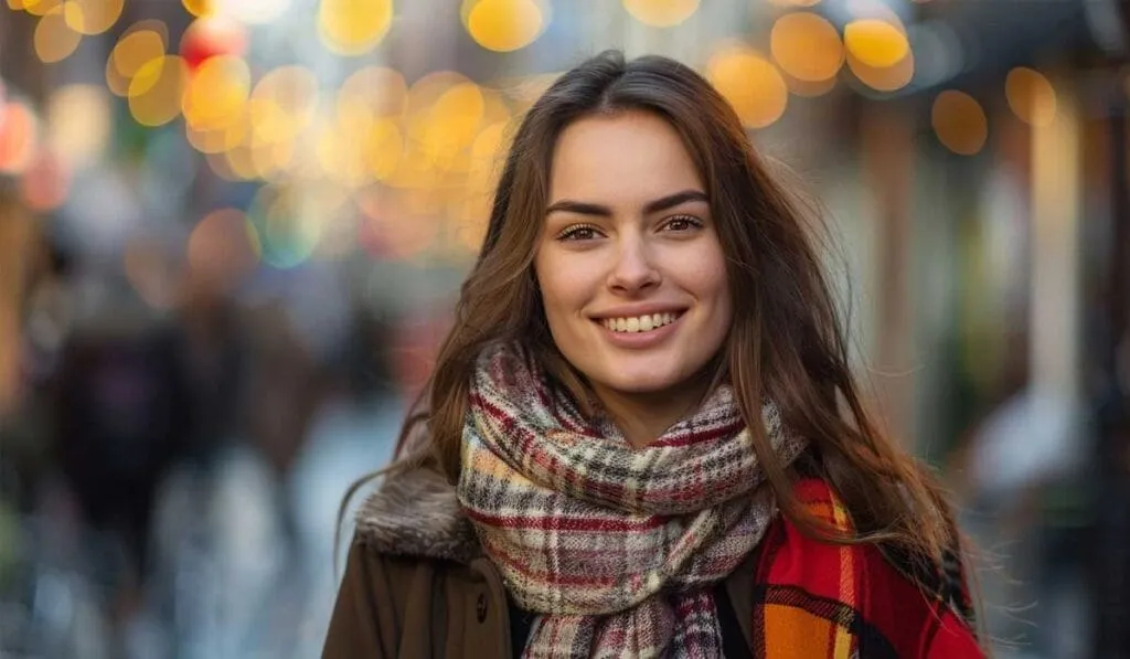 A young woman with long brown hair, smiling broadly, wearing a scarf and jacket, with blurred city lights in the background.