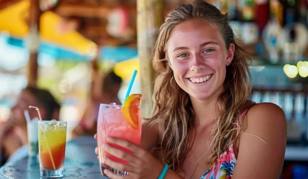 A smiling young woman holding a pink cocktail at a bar with other colorful drinks visible in the background.