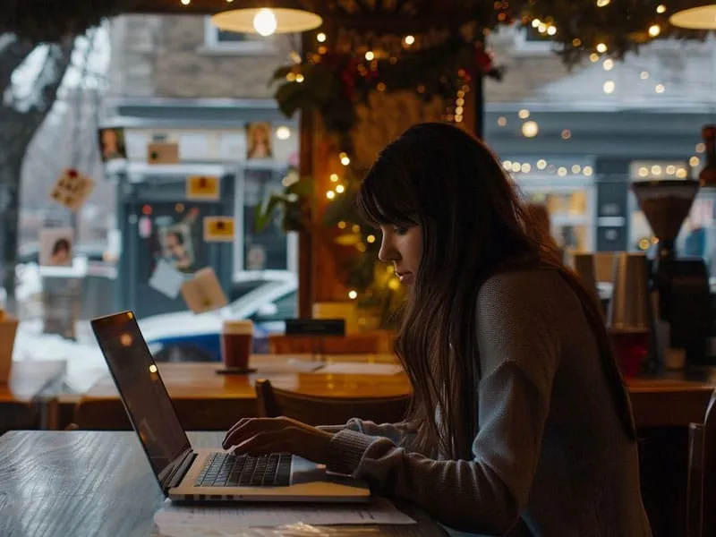 A woman works on a laptop at a wooden table in a cozy cafe decorated with string lights, with a street scene visible through the window.