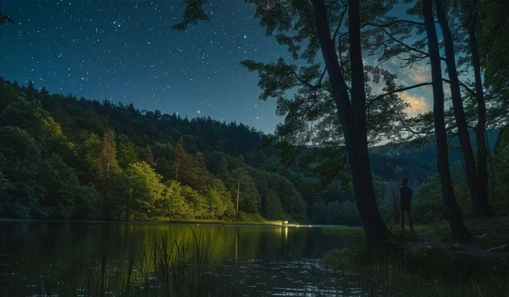 A person stands by a lake under a starry night sky, with trees framing the tranquil water and a luminous moon partially obscured by clouds.