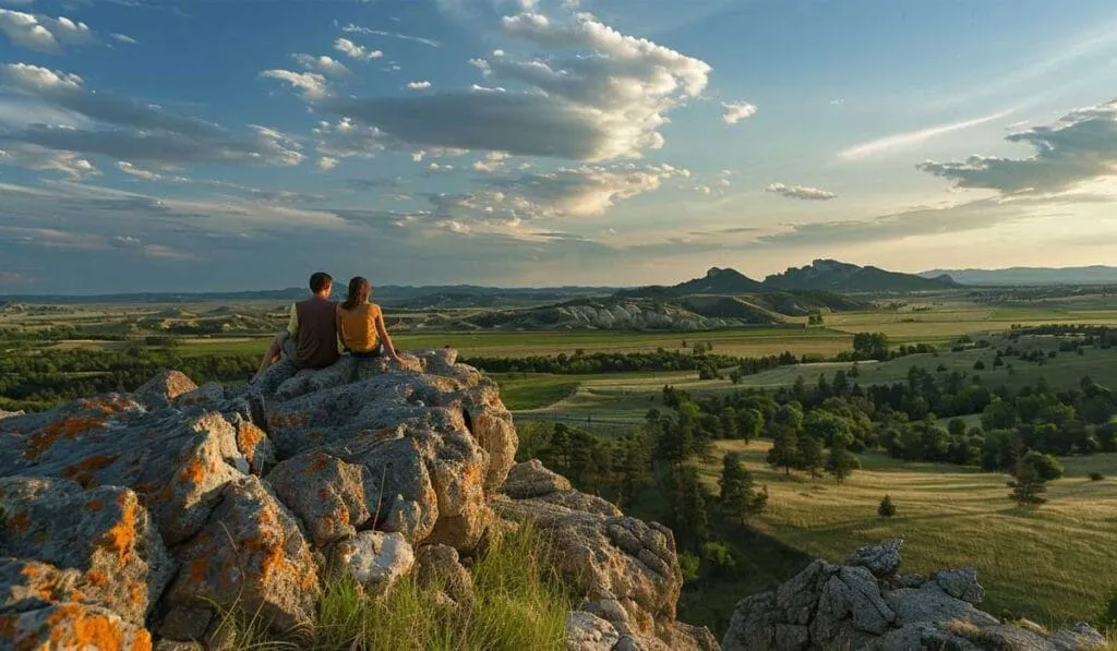 A couple sits on a rocky outcrop overlooking a sprawling landscape with fields, hills, and a dramatic cloudy sky at sunset.