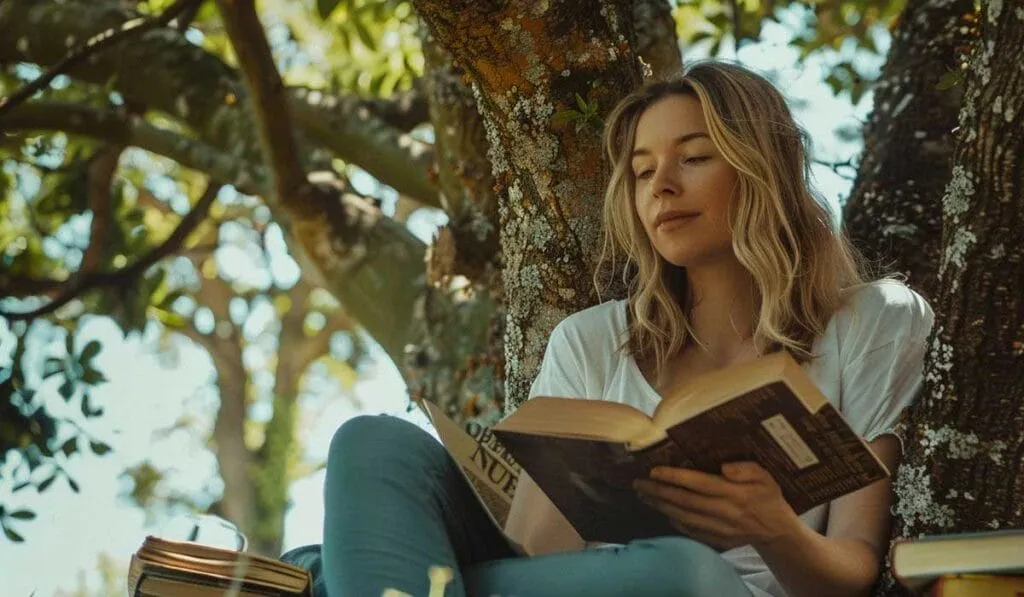A woman reading a book while sitting against a tree trunk in a sunlit forest.