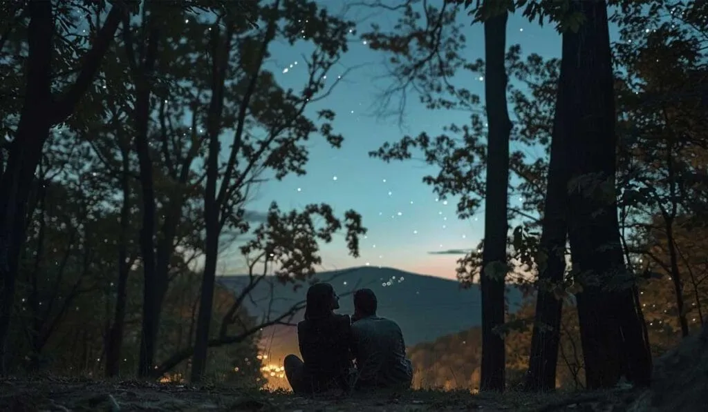 Two people sitting on the ground in a forest at twilight, looking at the stars, with a distant city glow below the horizon.