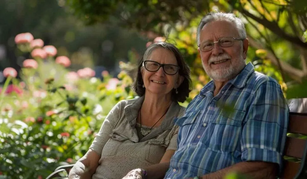 An elderly couple smiling and sitting on a bench in a sunny garden surrounded by flowers.
