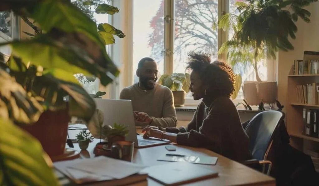Two people smiling and talking at a desk with a laptop and plants, near a window with daylight.
