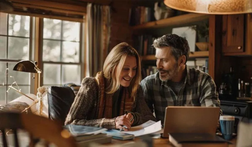 A middle-aged couple smiling at each other while looking at a laptop and documents on a table in a cozy, well-lit room.