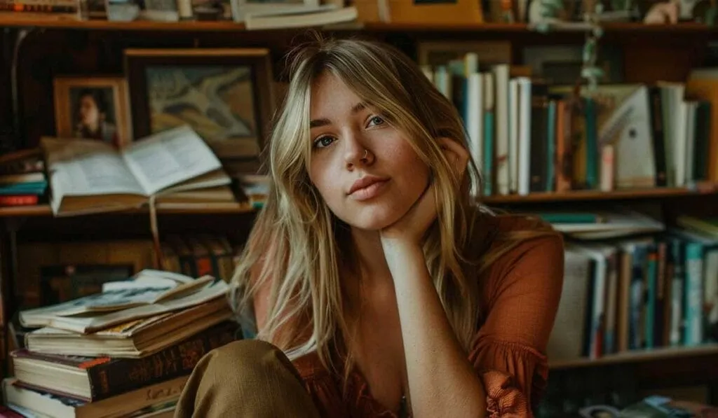 A young woman with long blonde hair resting her chin on her hand, surrounded by books, in a cozy, book-filled room.