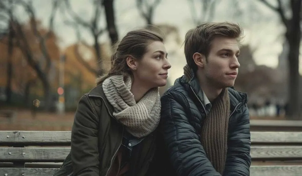 A young couple sitting on a park bench in autumn, looking thoughtful, with trees displaying fall colors in the background.