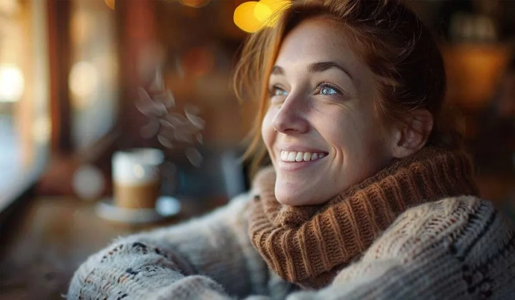 A joyful woman in a cozy sweater smiling near a window with a coffee cup, soft focus background with warm lighting.