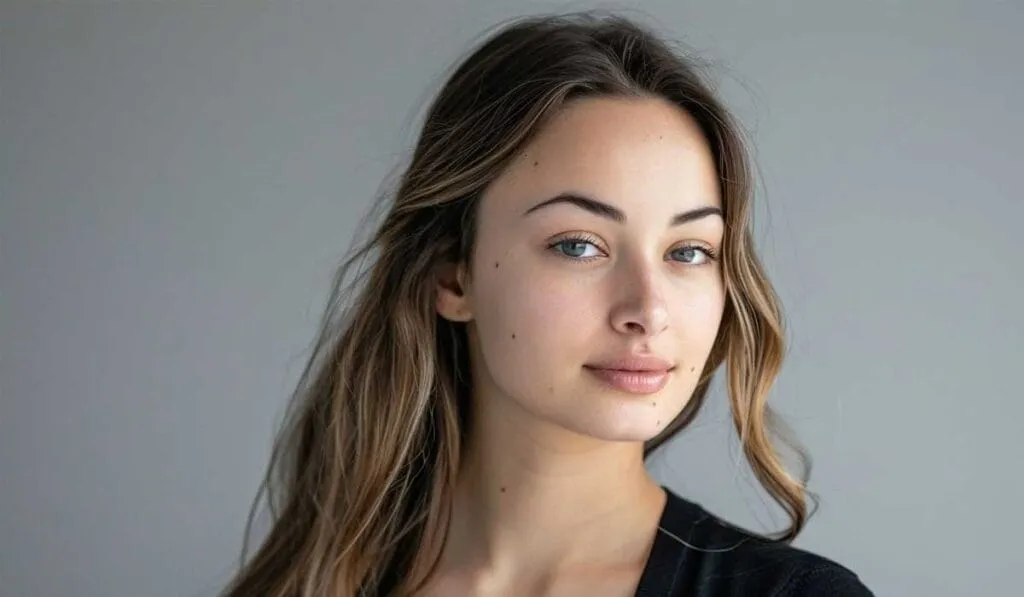 Portrait of a young woman with long hair, looking at the camera, against a plain background.