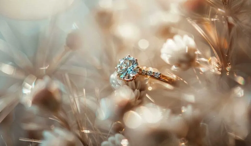A diamond ring surrounded by white flowers in soft focus.