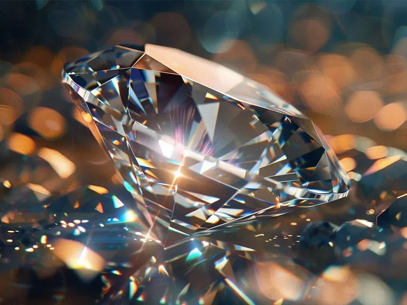 A close-up view of a sparkling diamond reflecting light against a blurred background with warm bokeh effects.