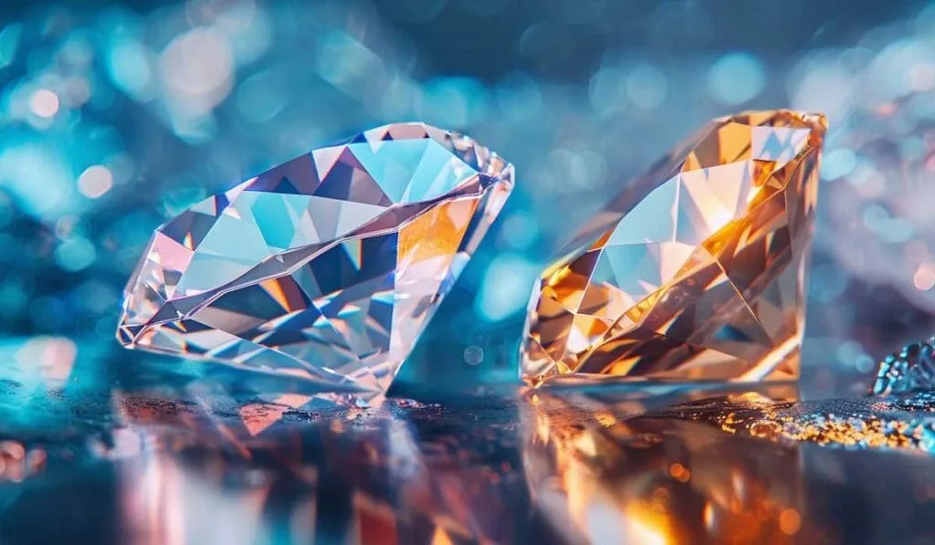 Two faceted gemstones, one clear and the other orange, are placed on a reflective surface with a blurred, colorful background.