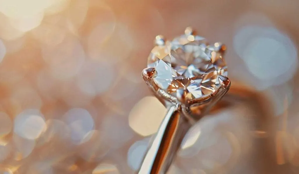 Close-up of a diamond ring with a solitaire setting, reflecting light against a soft-focus bokeh background.