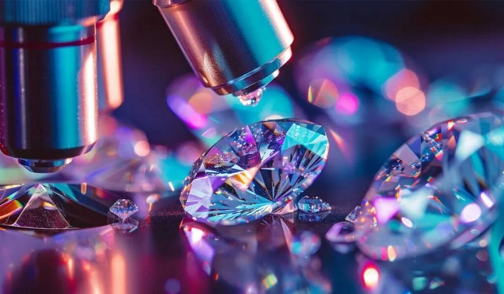 A close-up of a microscope examining polished diamonds on a reflective surface with vibrant, colorful lighting.