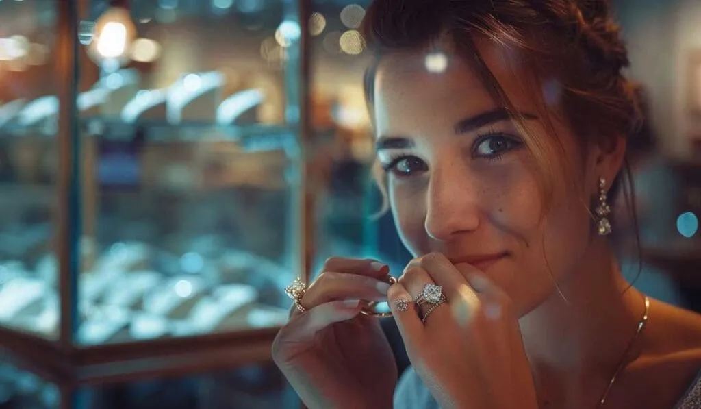 A woman stands in front of a jewelry display, trying on rings and smiling slightly. The display case behind her is filled with various pieces of jewelry.