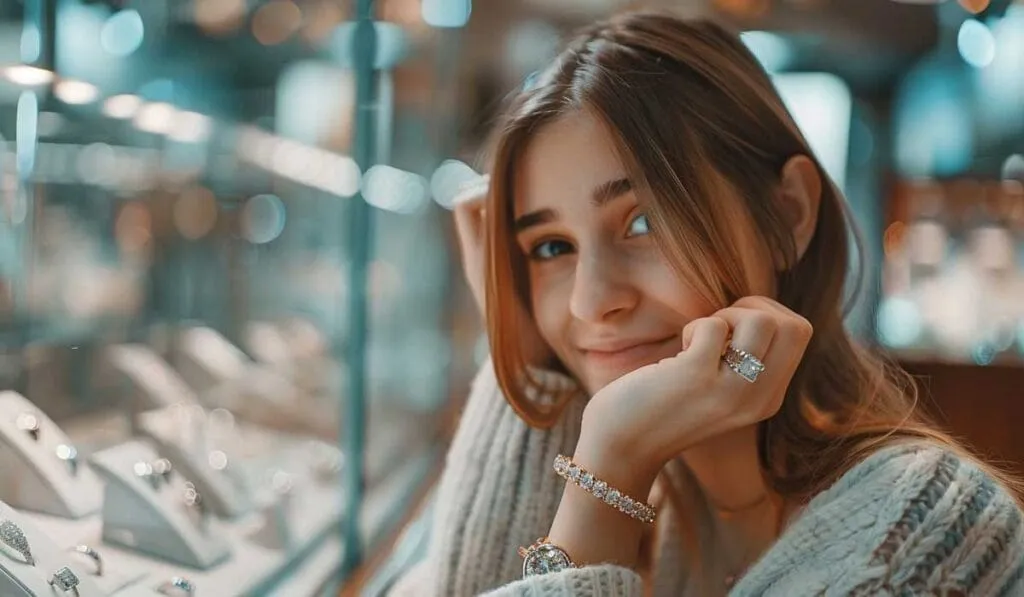 A person with long hair is smiling while leaning on a glass display filled with jewelry. They are wearing a bracelet, watch, and ring.
