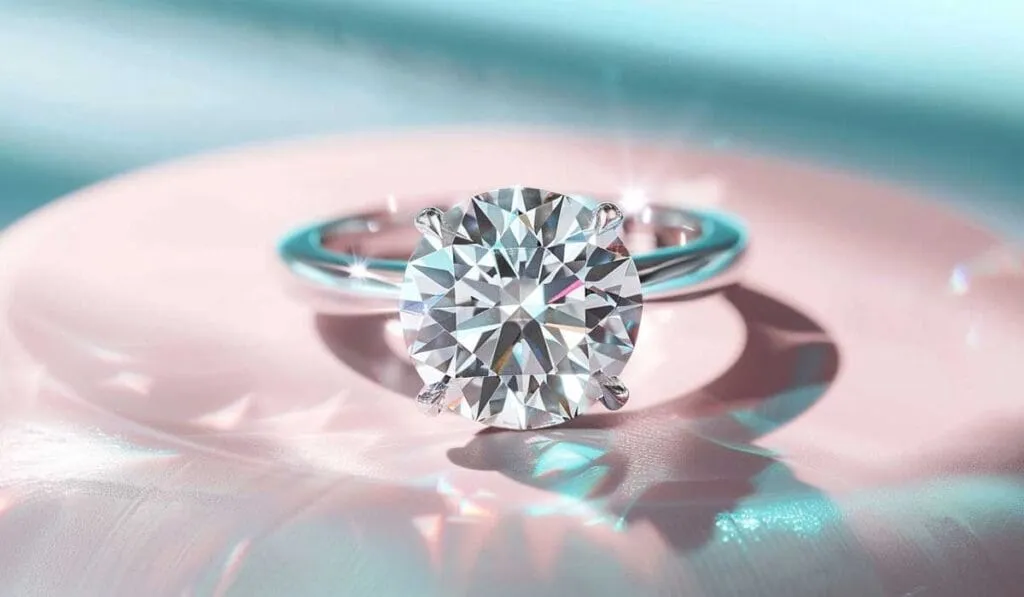 A close-up of a silver ring featuring a large, round-cut diamond set on a pink and blue reflective surface.