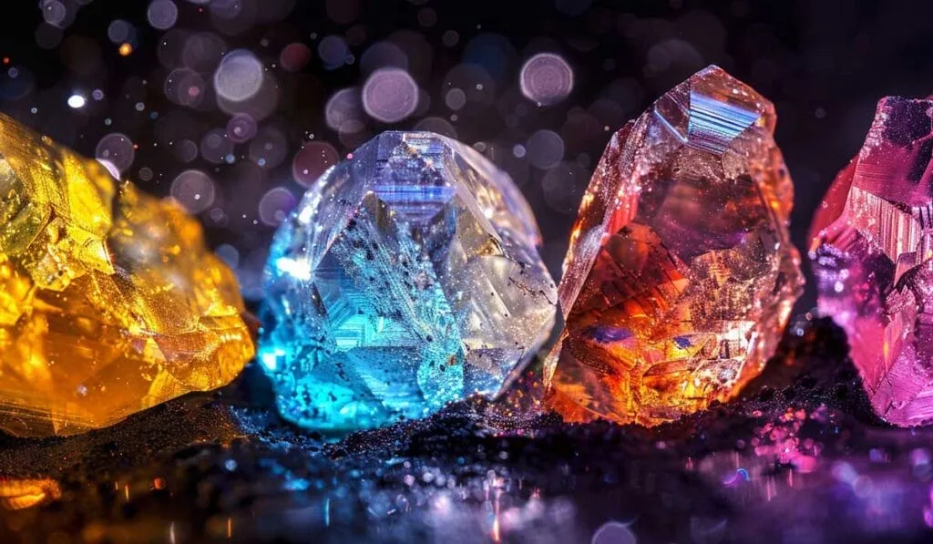 Close-up of variously colored crystals, including yellow, blue, and red, with a blurry, sparkling background.
