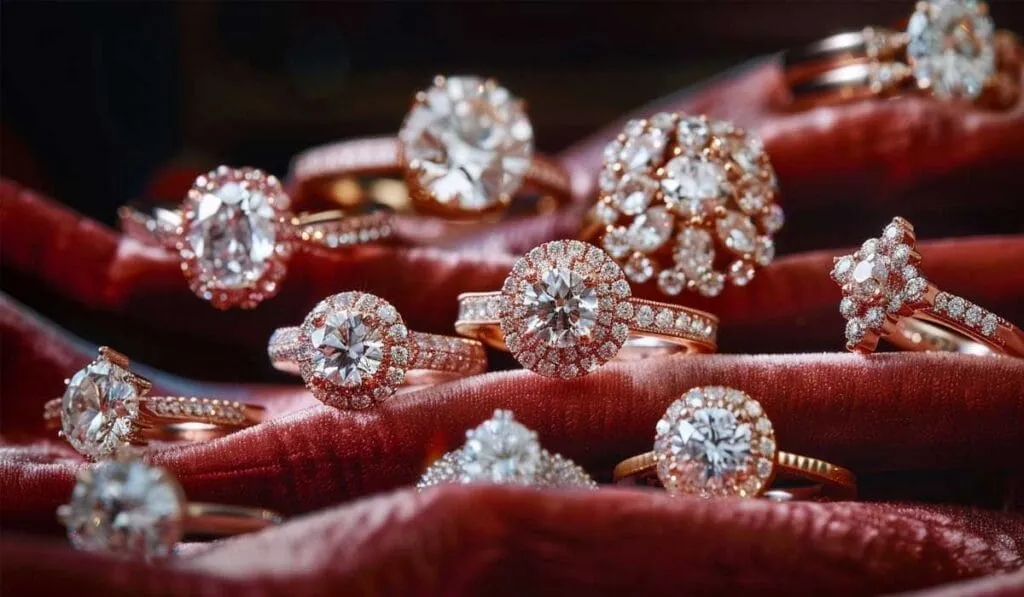 A collection of rose gold diamond rings displayed on a textured red fabric.
