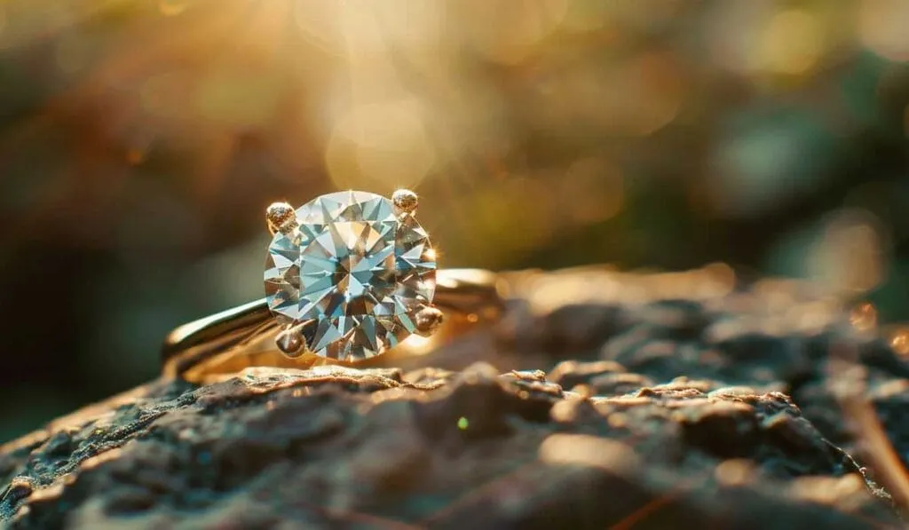 Close-up of a diamond engagement ring with a gold band resting on a textured surface with soft sunlight in the background.