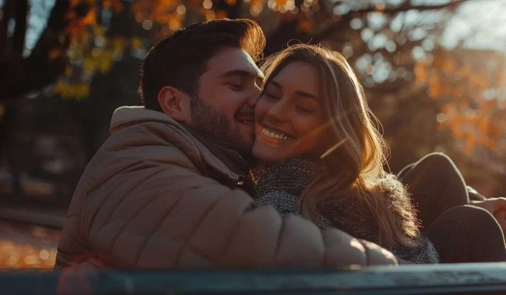 A couple in cozy clothing sits on a bench, embracing affectionately and smiling warmly. Autumn leaves and soft sunlight create an inviting atmosphere in the background.