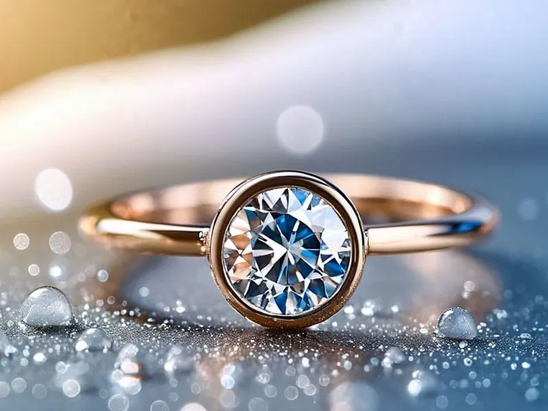 Close-up of a gold ring with a large, round diamond. The ring is shown with water droplets on a reflective surface, creating a sparkling effect.