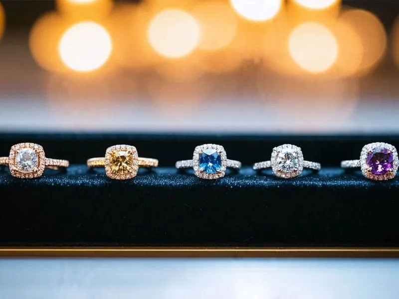 Five halo-cut gemstone rings are displayed on a black surface. The gems are in various colors: clear, yellow, blue, clear, and purple. The background is softly blurred with warm lighting.