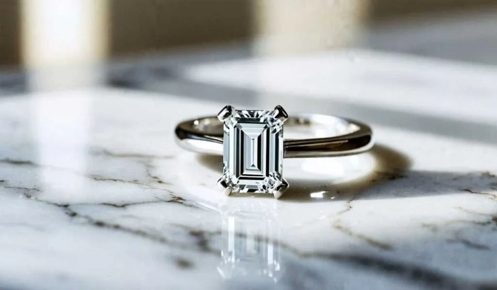 A rectangular-cut diamond ring with a silver band is displayed on a marble surface with shadows cast around it.