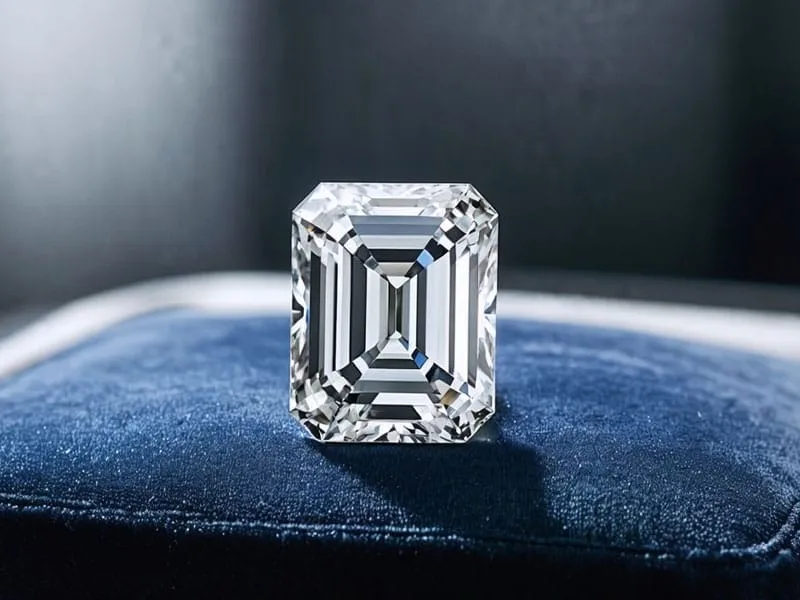 A large, square-cut diamond is displayed on a dark blue velvet surface, with intricate facets reflecting light.