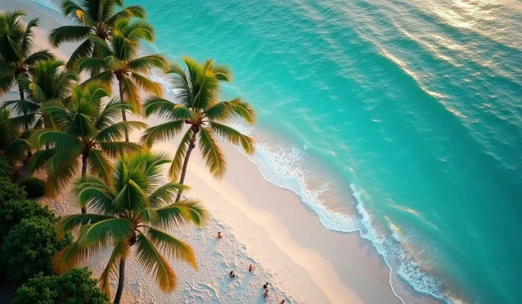 Aerial view of a beach with turquoise water, white sand, palm trees, and people relaxing by the shore.