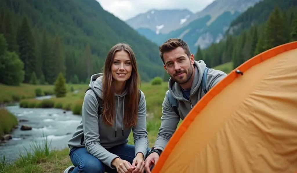 Two people wearing hoodies sit beside an orange tent in a mountainous landscape with a river and pine trees in the background.