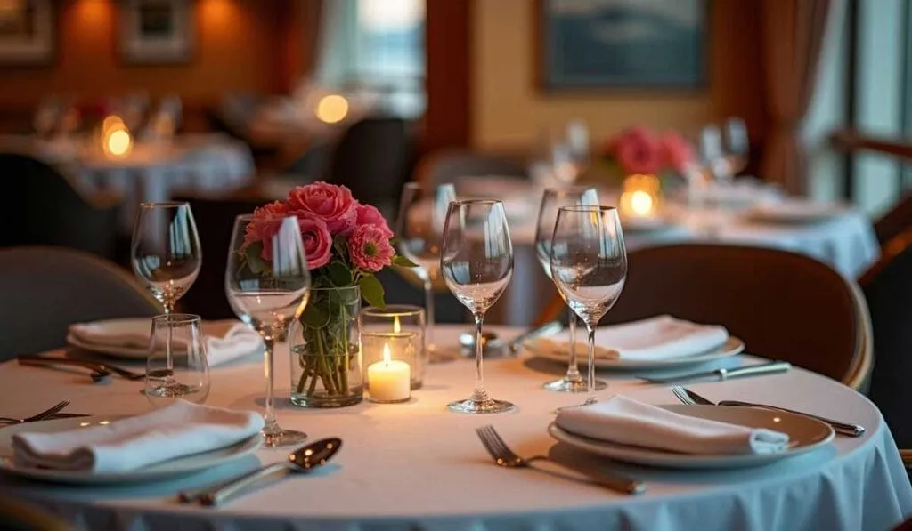 A fine dining table set with white linens, glassware, a lit candle, and a bouquet of pink roses.