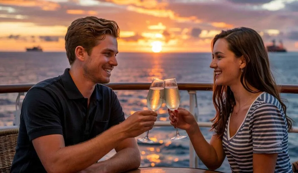 A couple clinks champagne glasses on a boat during a sunset, with the ocean and ships in the background.