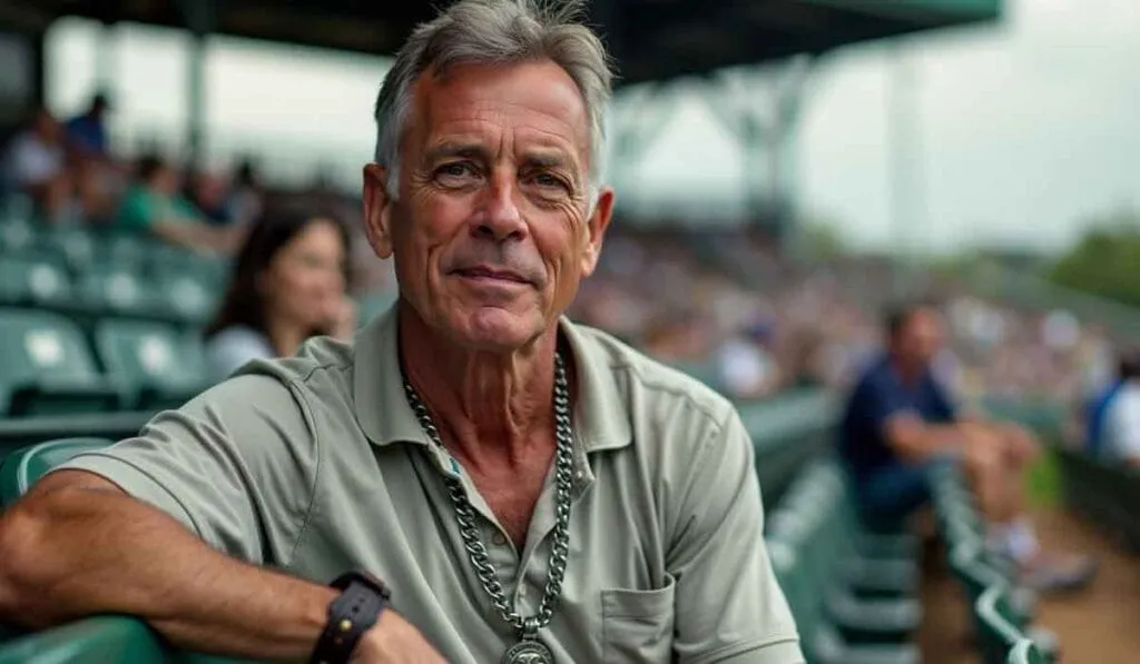 A man in a light green polo shirt, wearing a necklace with a pendant, sits in a stadium with a few people in the background on a cloudy day.