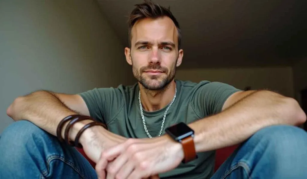 A man with short hair and facial hair is sitting casually indoors, wearing a green t-shirt, jeans, a necklace, a wristwatch, and bracelets. He looks directly at the camera.